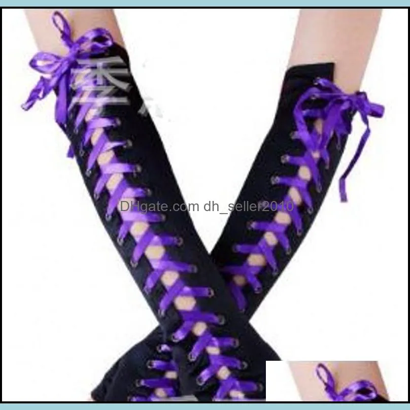 Women Fashion Sexy Glove Lady Wedding Ball Nightclub Black Satin Multicolor Ribbon Half Finger Gloves Retro Style 14ml J2