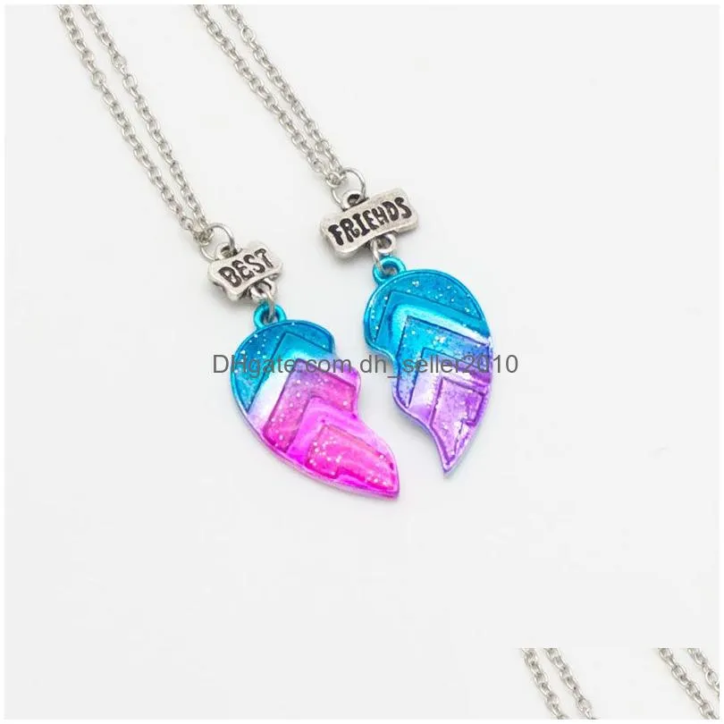 Pink Blue Sequin Stitching Heart Broken Friends Necklace Pendant Chain BFF Friendship Jewelry Gifts For Girl Kids 2PCS/Set