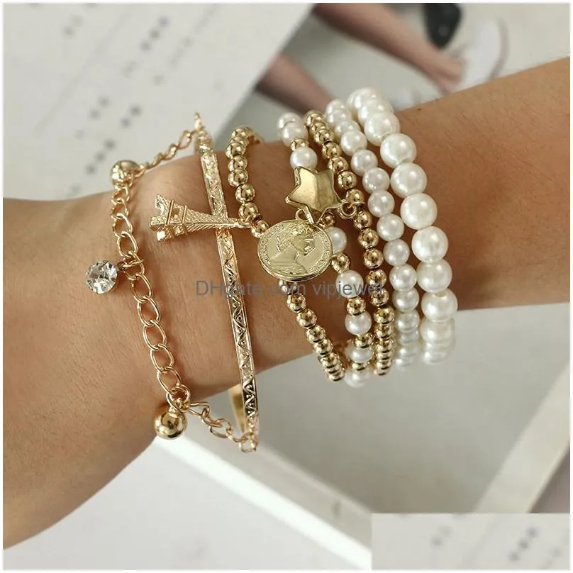 6pcs fashion gold color link chain pearl beads bracelet star multilayer beaded bracelets set for women charm party jewelry gift 5483