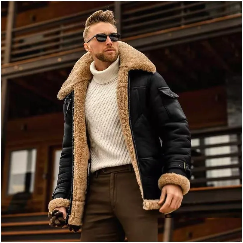 mens jackets winter men fleece collar motorcycle jacket one piece of fur casual outdoor thermal leather woolen coat male s-5xl