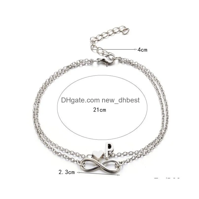 Hot Selling Fashion 925 Silver Infinity Love Heart Bracelets 26 Letters Initials Anklet Bracelet for Jewelry Wholesale