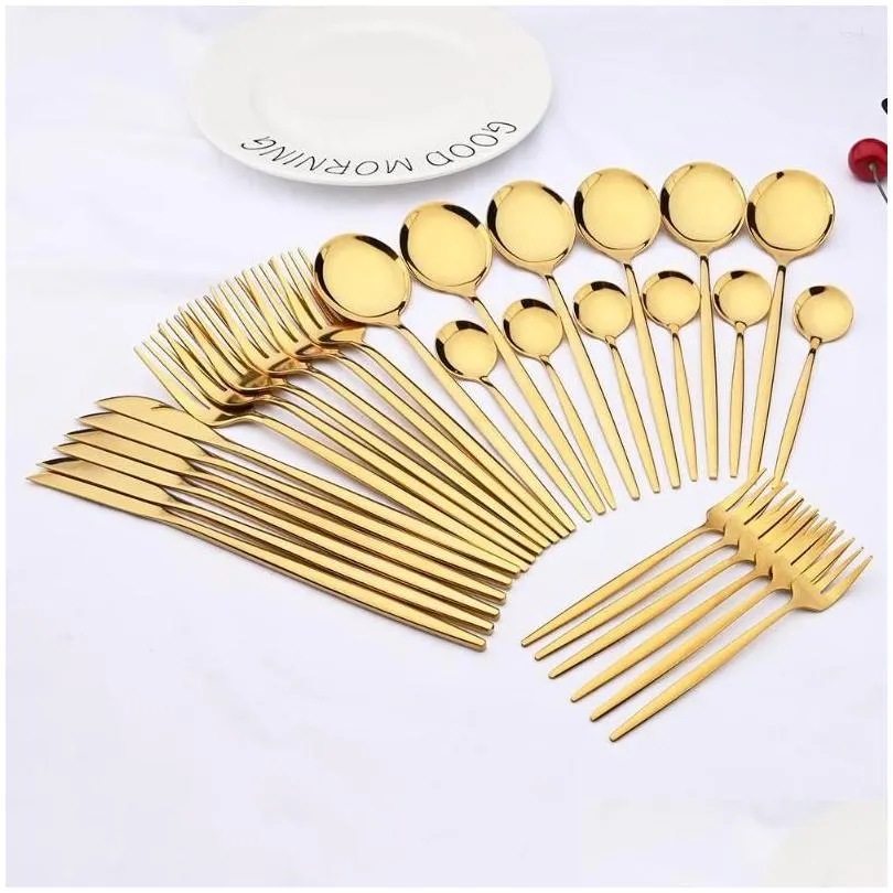 dinnerware sets champagne cutlery set stainless steel flatware 24/30pcs gold knife cake fork coffee spoon kitchen silverware