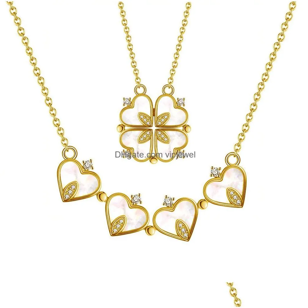 foldable korea gold plated pendant creative diamond jewelry 100% 925 sterling silver four leaf clover necklace for women girls