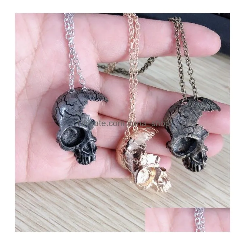 Men Womens Personality Half Skull Necklace Antique Silver Copper Gothic Jewelry Skull Necklace Wholesale IN0528