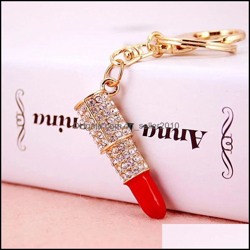 Charm Crystal Keychain Lipstick Key Holder Rhinestone Keyring Red Rose Pendant Car Ornament Accessories 5 styles 481 T2