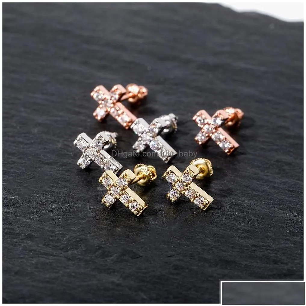 Stud Hip Hop Charm Cross Earring Bling 18K Real Gold Plated 925 Sterling Sier Prevent Allergy Earrings For Women Gift Drop Delivery J