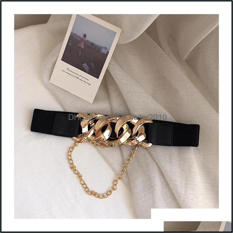 Gold Big chain buckle tassel belts for women coat solid wide elastic waistbands dress black stretch cummerbund party accessories62 Q2