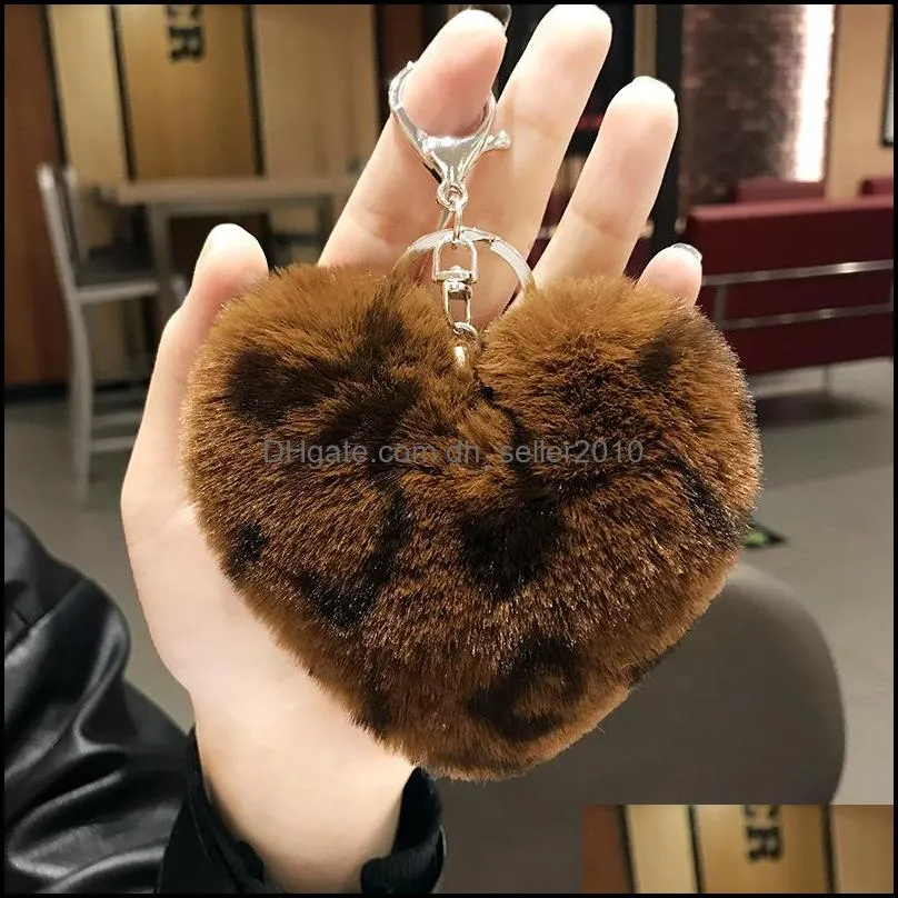Leopard Love Fluffy Ball Keychain Car Pendant Cute Pompom Fur Ball Student Bag Key Chain Creative Gifts for Women Girls 1126 Q2