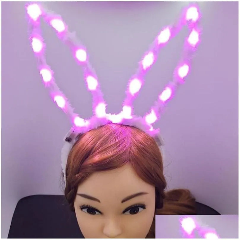 party decoration 10pcs 18.5cm led fluffy long ears headband women girls light up hair accessories halloween rave supplies