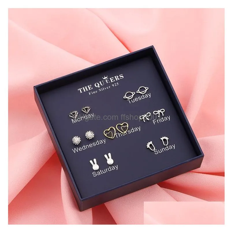 7 pair 925 silver stud earrings womens heart star snowflake flower one week minimalist earrings set with jewelry box