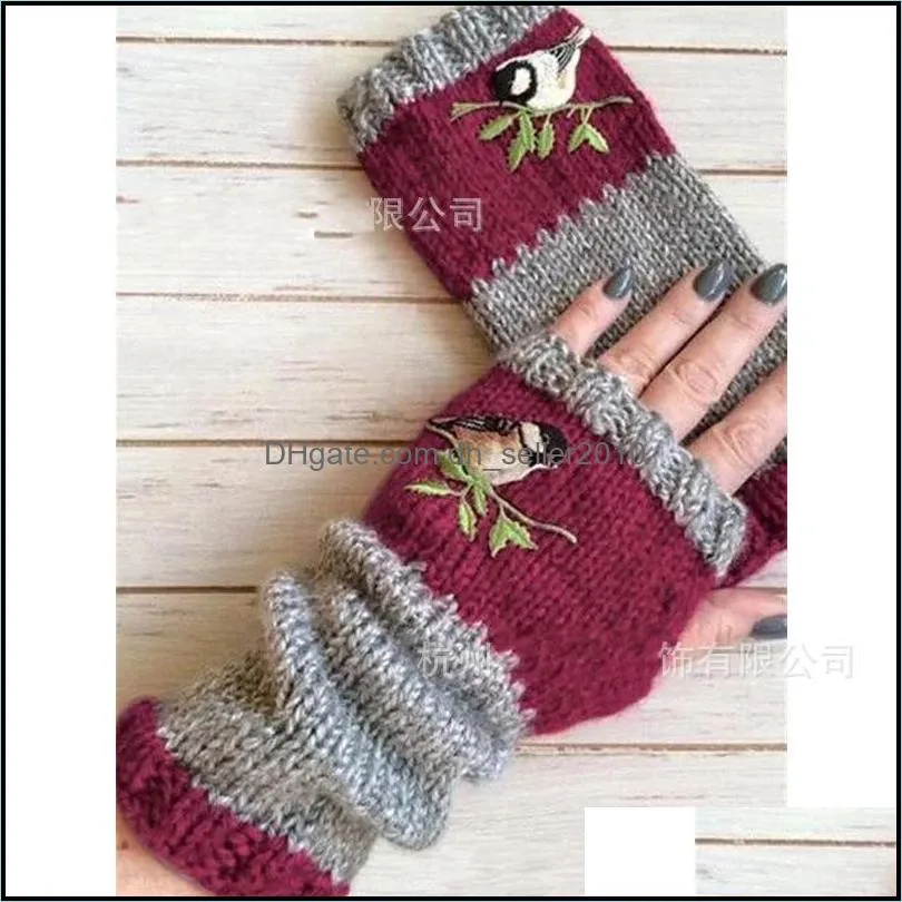 Splicing Glove Fingerless Keep Warm Fashion Print Birds Knitted Embroidery Flower Leaves Woman Mittens Autumn Winter 18yj K2