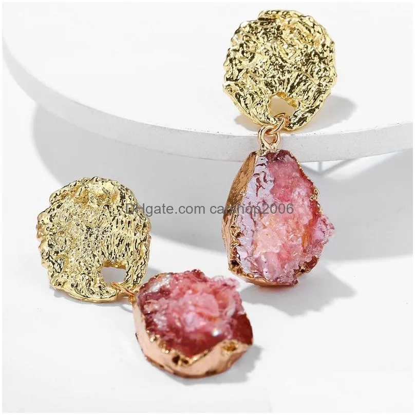 ins fashion gold hammered stud earring for women girls waterdrop drusy dangle earring druzy earrings jewelry
