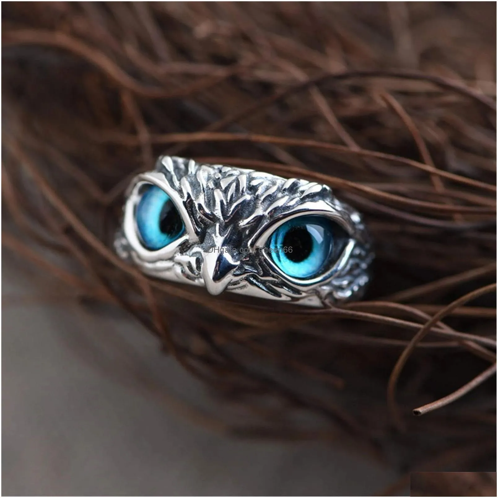 Retro Blue Eye Owl Adjustable Silver Rings With Side Stones Cute Men and Women Simple Design Animal Ring jewelry wholesale