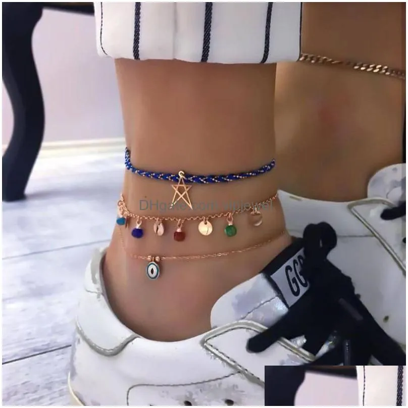 bohemian gold shell evil eye charms identification bracelets summer beach multi layer anklets jewelry for women gilrs
