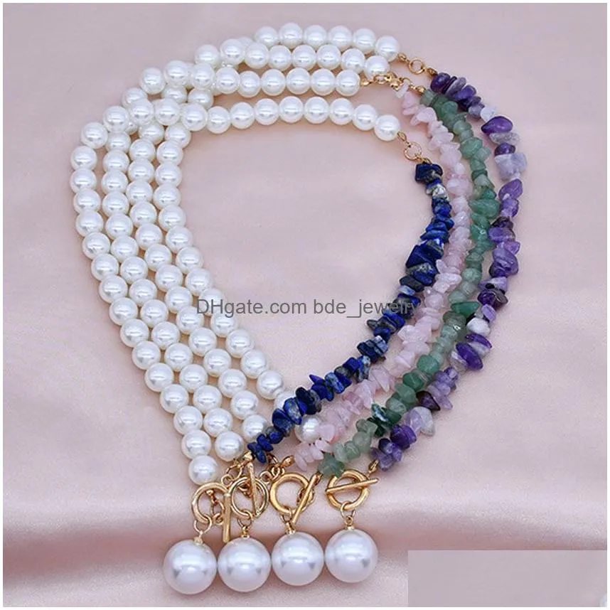  fashion natural gemstone pearl pendant necklaces women rose amethyst quartz choker charms gold color metal neck jewelry