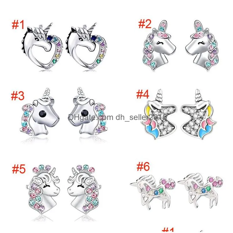 Unicorn Stud Earrings 925 Silver Multi Color Rhinestone Small Heart Cat Rainbow Earring For Women Wedding Fashion Jewelry Gifts