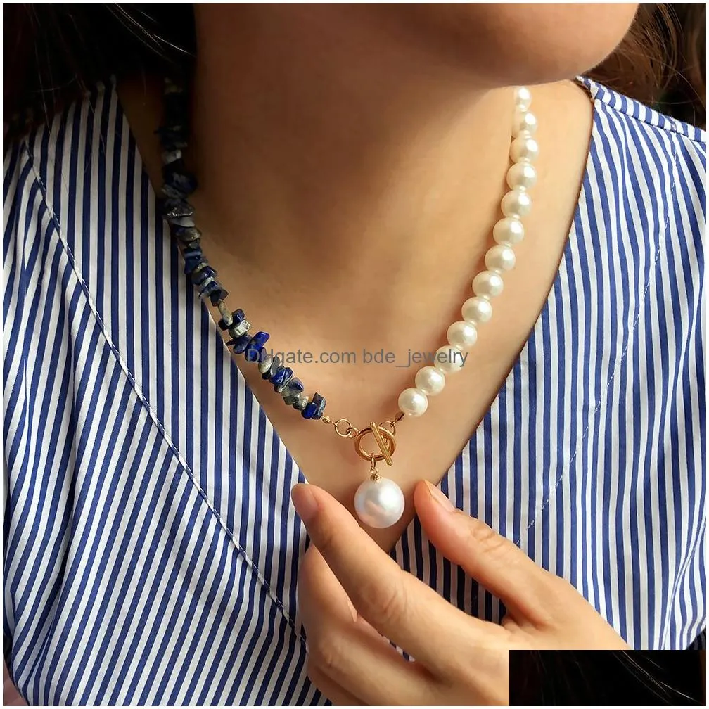  fashion natural gemstone pearl pendant necklaces women rose amethyst quartz choker charms gold color metal neck jewelry