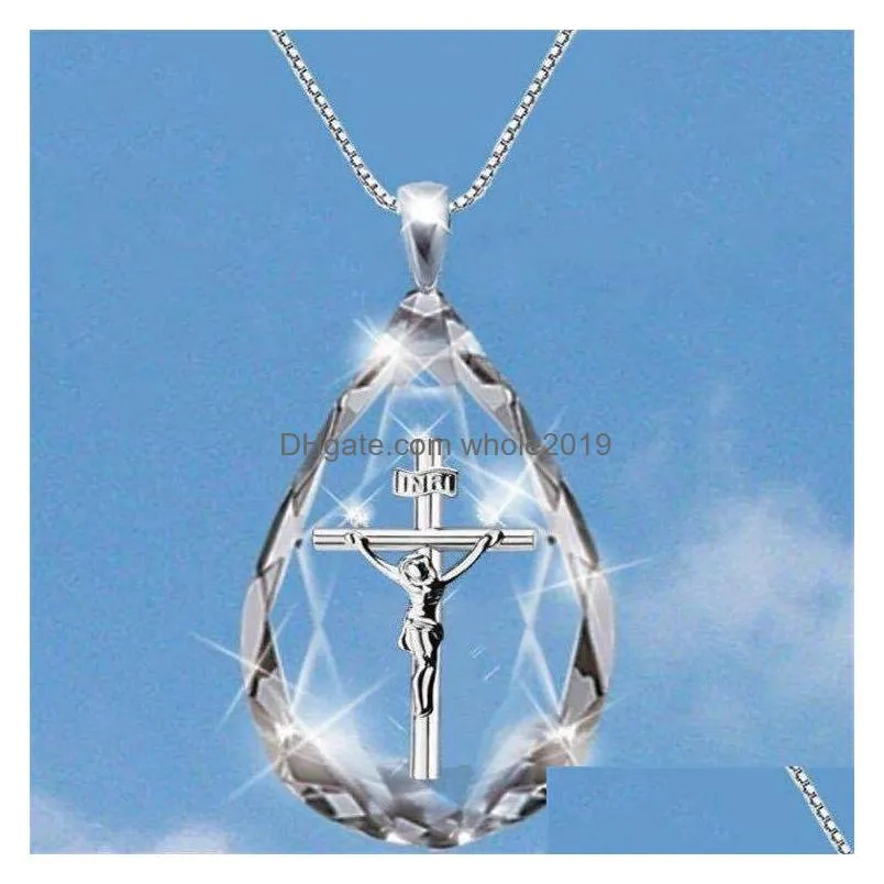Fashion chic Gold Silver Two Tone Cross Religious Jesus Pendant Crystal Drop Cross Necklace for Men Women