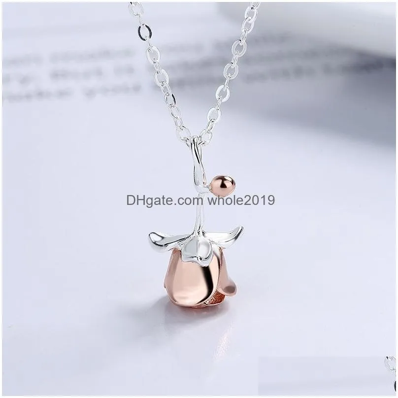 Romantic Red Rose Necklaces 2023 Trend 100% 925 Sterling Silver Two Tone Flower Pendant Jewelry valentines day gifts