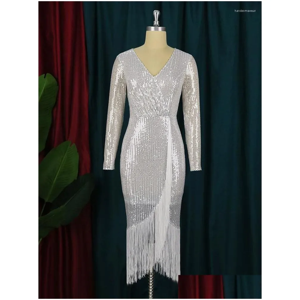 glitter party dresses silver sequin long sleeve slit tassel dress bodycon elegant women fringe cocktail event occasions outfits