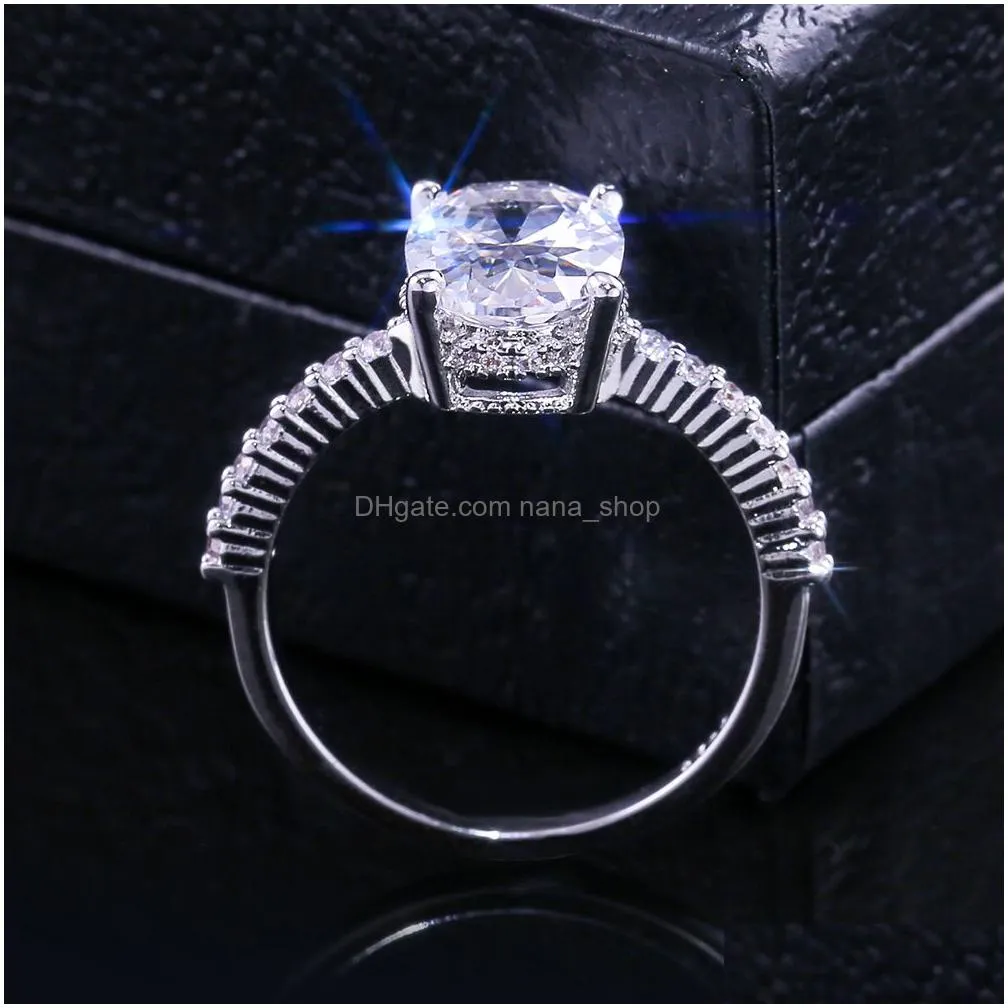 European American Fashion Sparkling Oval Diamond Engagement Ring Elegant Cubic Zirconia Paved Copper Brass 925 Silver Wedding Jewelry