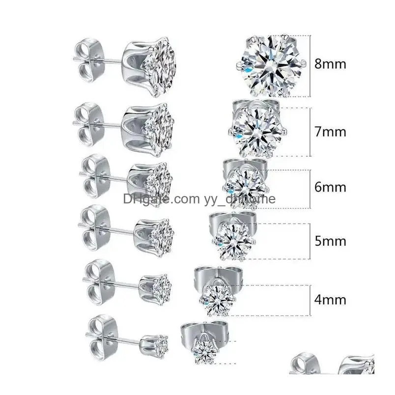 6 pairs round zircon diamond stud earrings stainless steel minimalist simple stone 3-8mm cz earrings for women men unisex