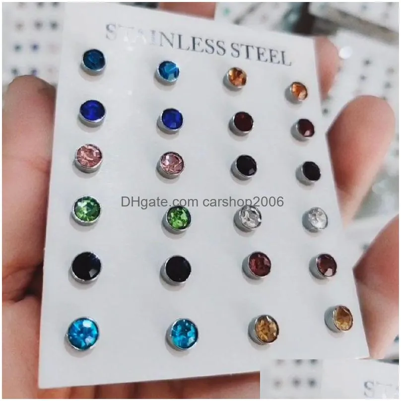 12 pairs stainless steel birthstone stud 4mm mix colors crystal diamond stud earrings set for women girls