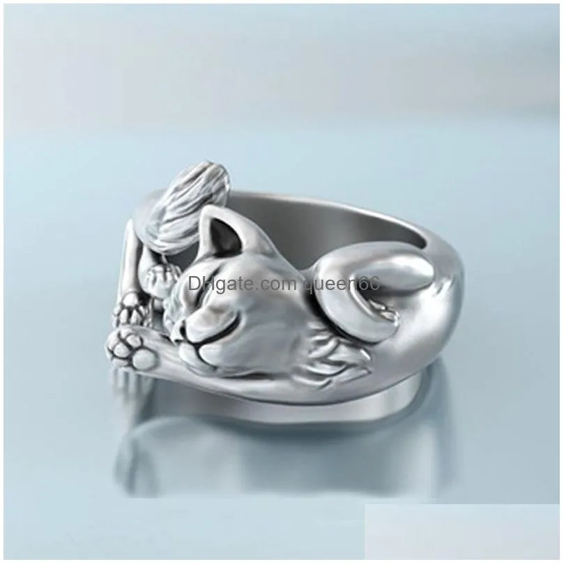 Hot Selling 925 Sterling Silver Lovely Cat Ring Jewelry Fashion Vivid Animal Finger Ring for Men Women RI2103053