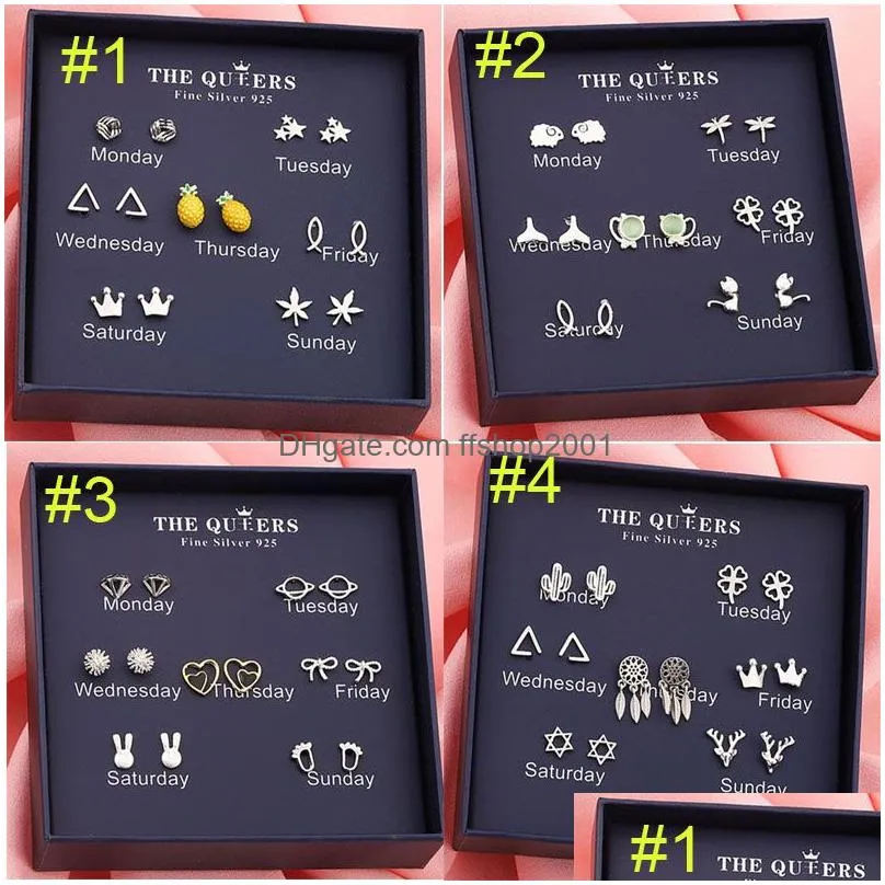 7 pair 925 silver stud earrings womens heart star snowflake flower one week minimalist earrings set with jewelry box