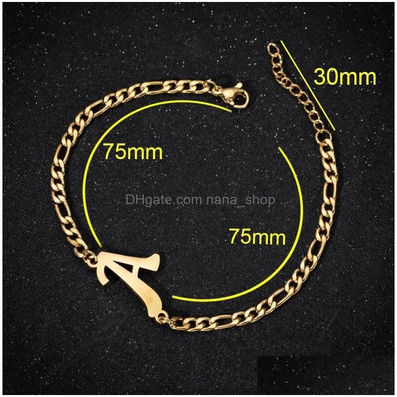 Silver Gold Figaro Chain 26 Letters Bracelet Fashion Stainless Steel Initials Bracelet Anklet for Men Women