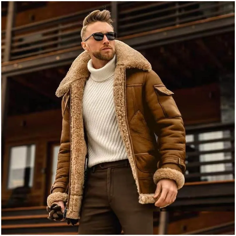 mens jackets winter men fleece collar motorcycle jacket one piece of fur casual outdoor thermal leather woolen coat male s-5xl