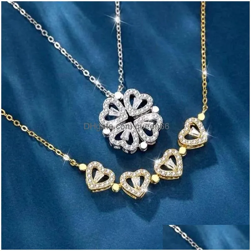 100% Sterling Silver 925 Clover Necklace Four Leaf Heart Shape Pendant Necklace For Women
