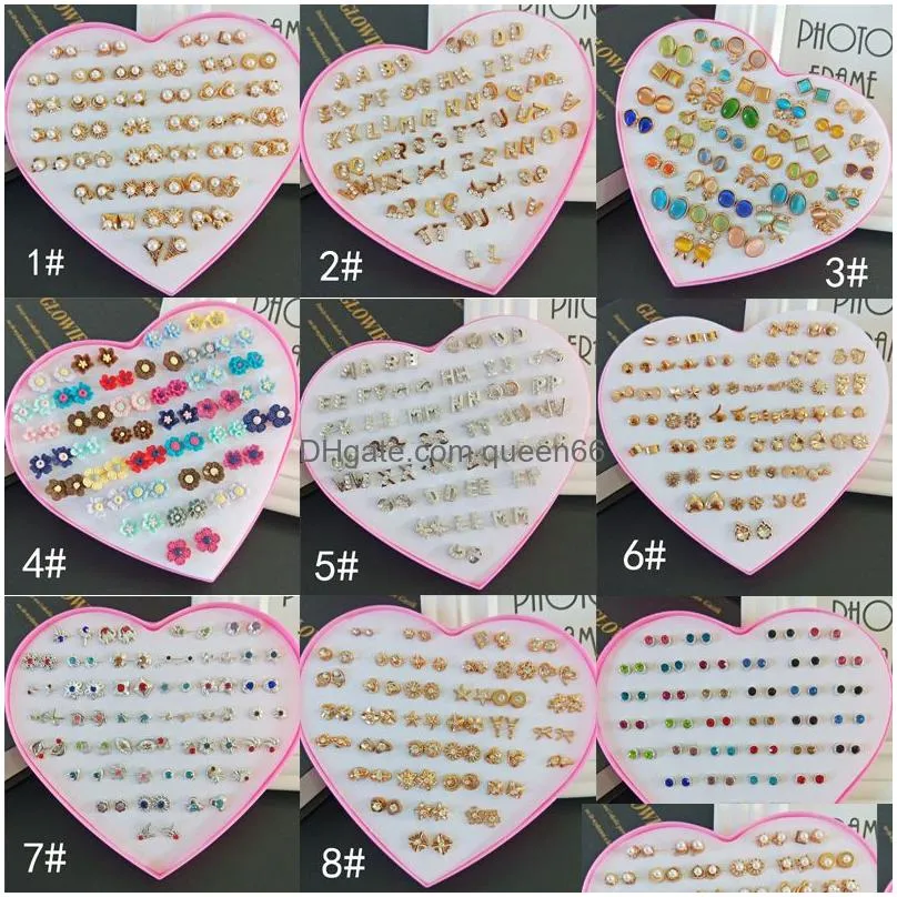 36 Pairs Fashion Korean Styles Cute Catseye Crystal Alphabet Stud with heart jewlery box Women Girls Silver Gold Earrings Mixed Pair