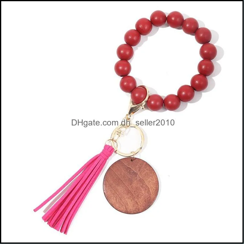 11 colors Wooden Bracelet Keychain with Tassels Keys DIY Wood Fiber Pandent Woodwooden Bead Bangle Key Decorate Fashion 1651 Q2