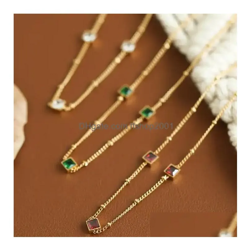 luxury 18k real gold plated emerald choker stainless steel green cubic zirconia cz square crystal necklaces vintage necklace