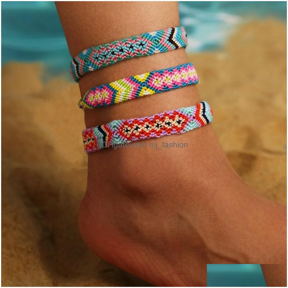 Summer Bohemian Identification Foot Bracelets Luxury Designer Jewelry Women Girls Multicolor Rope Braided Anklet Bracelet Handmade Seaside Beach