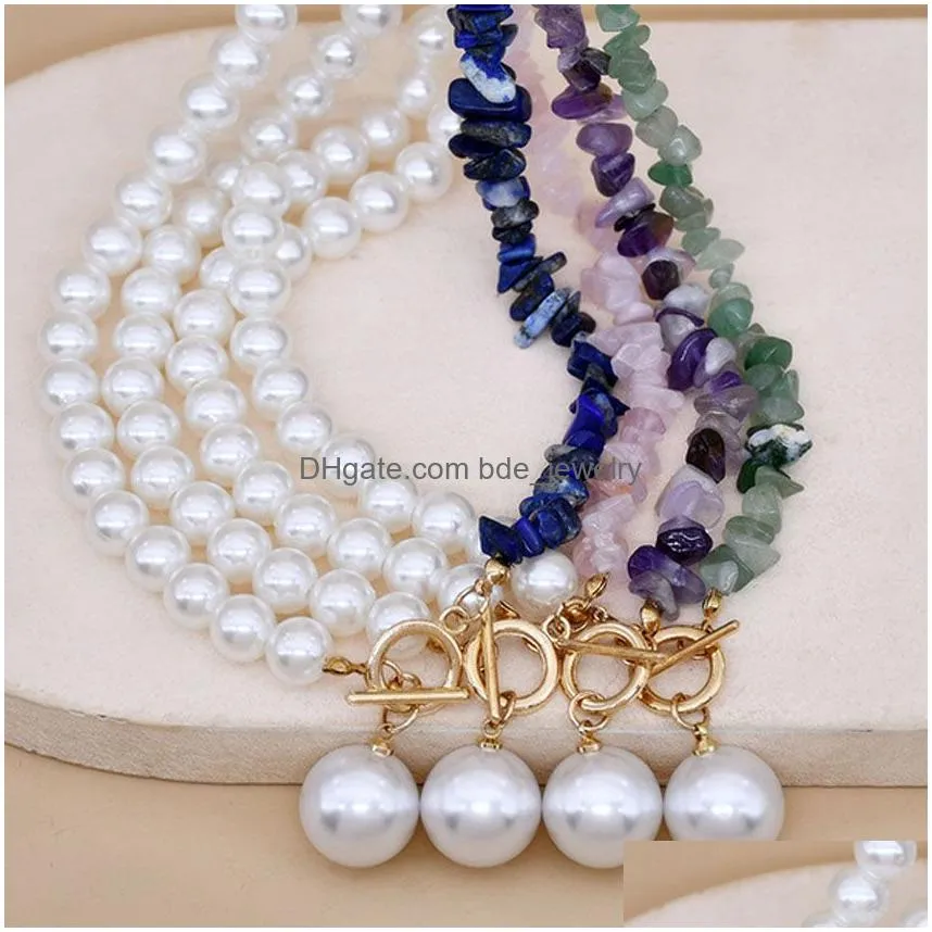  fashion natural gemstone pearl pendant necklaces women rose amethyst quartz choker charms gold color metal neck jewelry