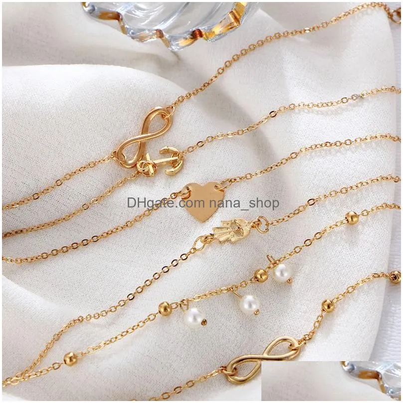 5 Pcs/Set Silver Gold Beach Anklets Bracelet Hamsa hand Infinity Love Heart Anklet Summer Holiday Foot Chain Jewelry Set