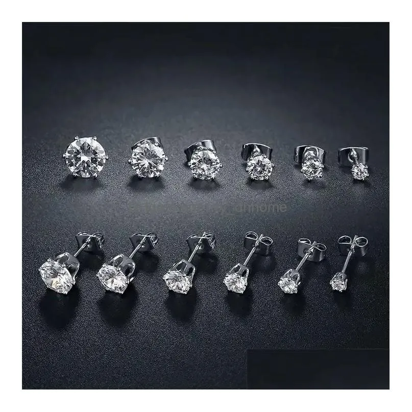 6 pairs round zircon diamond stud earrings stainless steel minimalist simple stone 3-8mm cz earrings for women men unisex
