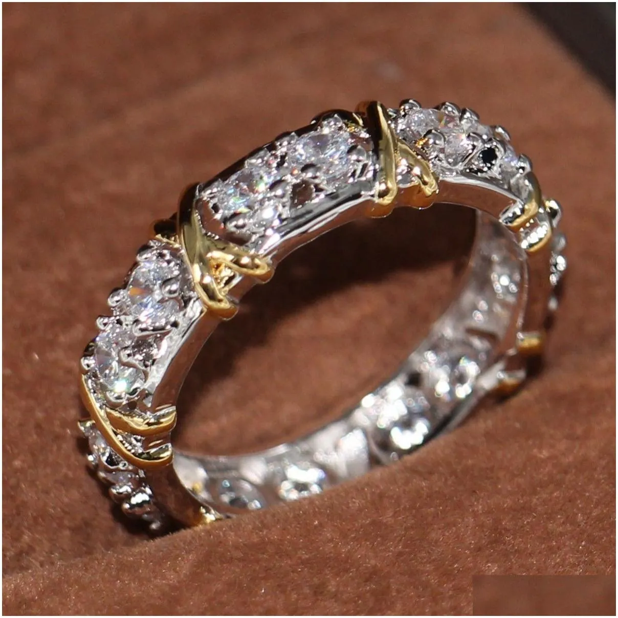 wholesale professional eternity diamonique cz simulated diamond 10kt white yellow gold filled wedding band cross ring size 5-11