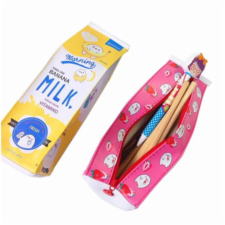 wholesale 10pcs/lot Kawaii milk box design Large capacity Waterproof PU Pencil Case Novetly pencil bag Cosmetic bag Nice gift for