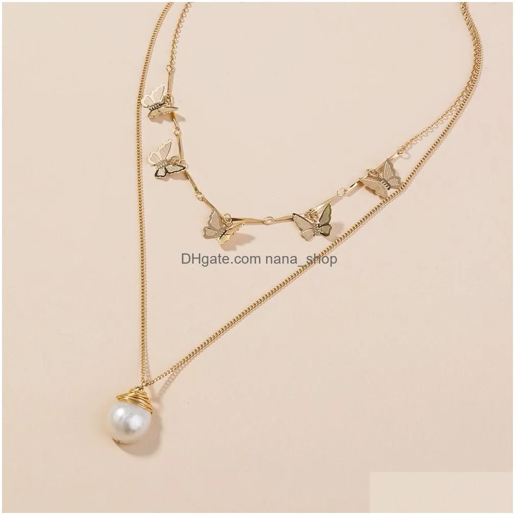 Bohemian Cute Butterfly Choker Necklace For Women Gold Color Multilayer Necklace Fashion Female Peal Chic Chocker Jewelry