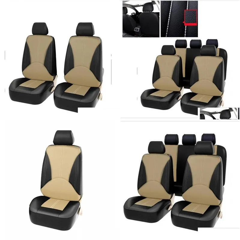 9PCS PU Leather Car Seat Cover Full Set Front Rear Seat Cushion Mat Protector Black beige