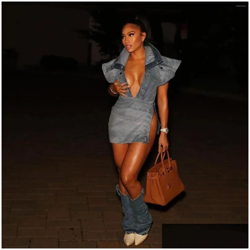 casual dresses denim jacket slit dress solid sexy mini jean blue sleeveless fashion skirt 2023 summer y2k clothing streetwear