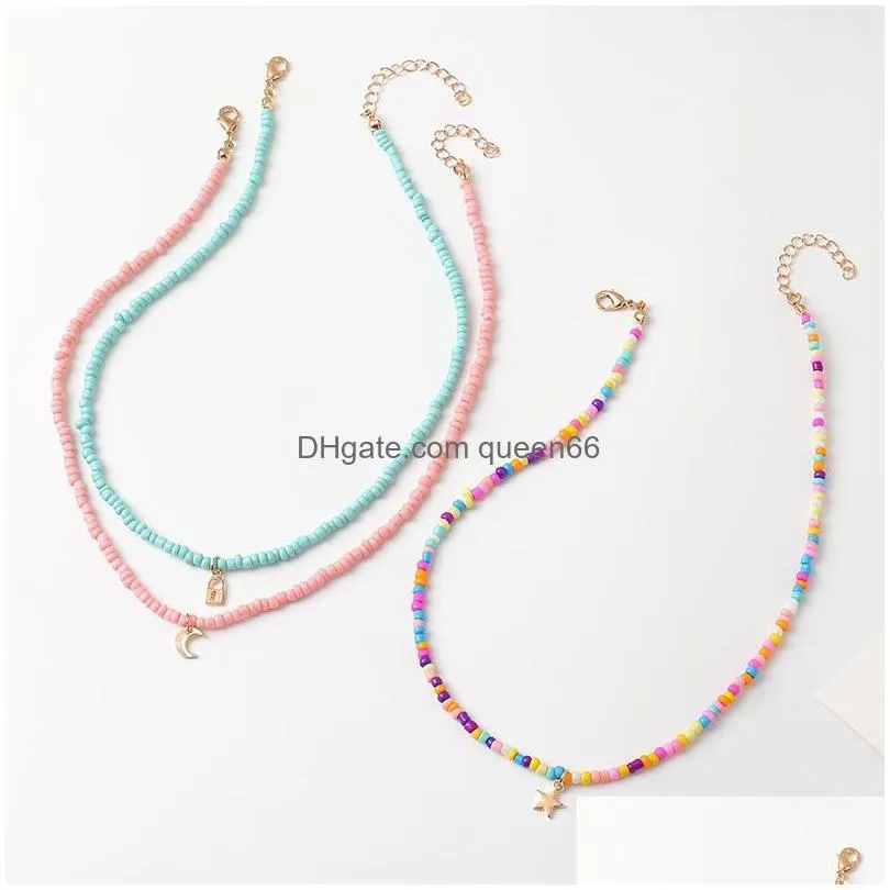 Womens Moon Star Charms Colorful Seed Beads Necklace Boho Rainbow Beaded Chocker Summer Beach Jewelry 3pcs/set