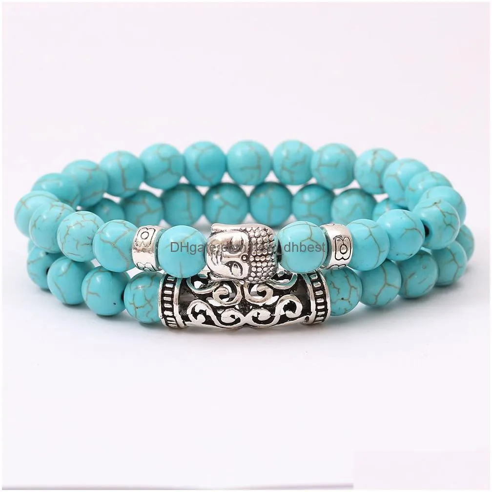 Natural Gemstone Turquoise Volcanic Rocks Tigers`s eye Bead Bracelet Men Womens Double Layer Buddha Charms Stackable Bracelet Jewelry