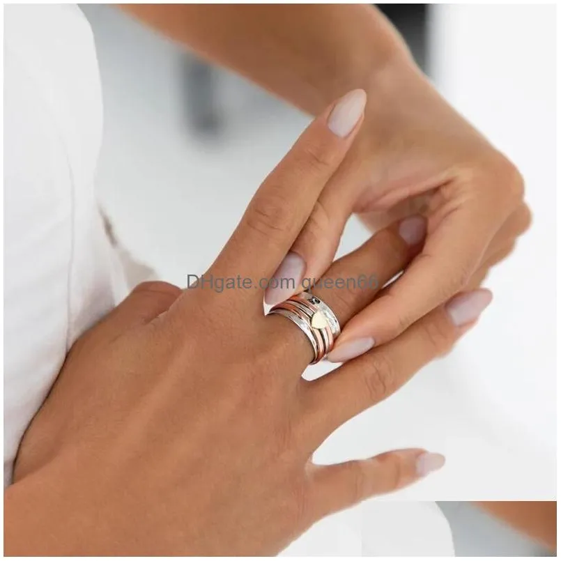 Ladies Anxiety Band Stackable Rotating Ring Peach Heart Two Tone Decompression Rings Heart Love Jewelry for Gift
