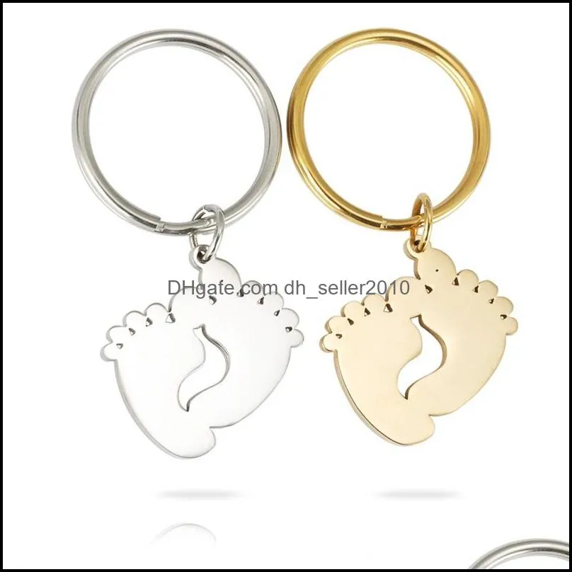 Steel/Gold Stainless Steel Baby Foot Key Chain Blank For Engrave Metal Baby Feet Keychain Mirror Polished Wholesale 10pcs 90 Q2