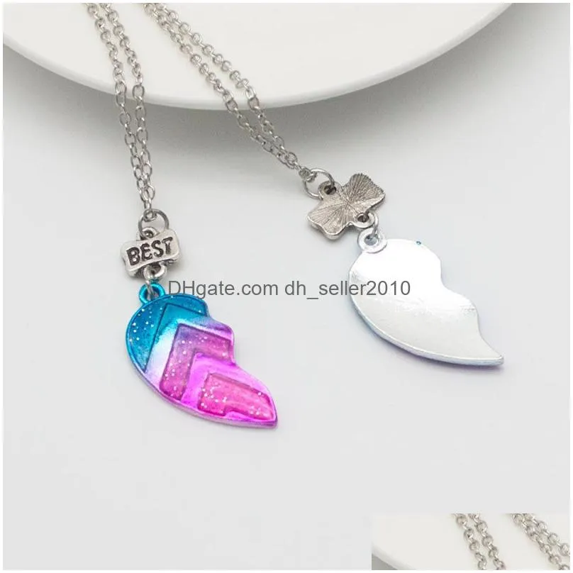 Pink Blue Sequin Stitching Heart Broken Friends Necklace Pendant Chain BFF Friendship Jewelry Gifts For Girl Kids 2PCS/Set