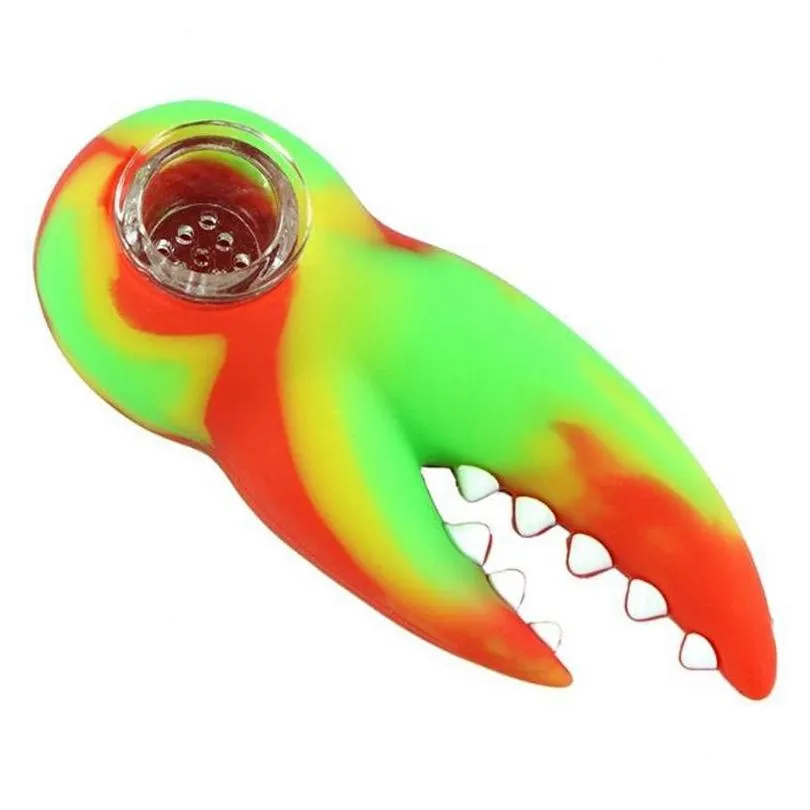 Crab Forceps Claws Tongs Shape Pipes Colorful Silicone Herb Tobacco Oil Rigs Glass Hole Filter Bowl Portable Handpipes Smoking Cigarette Hand Holder Tube